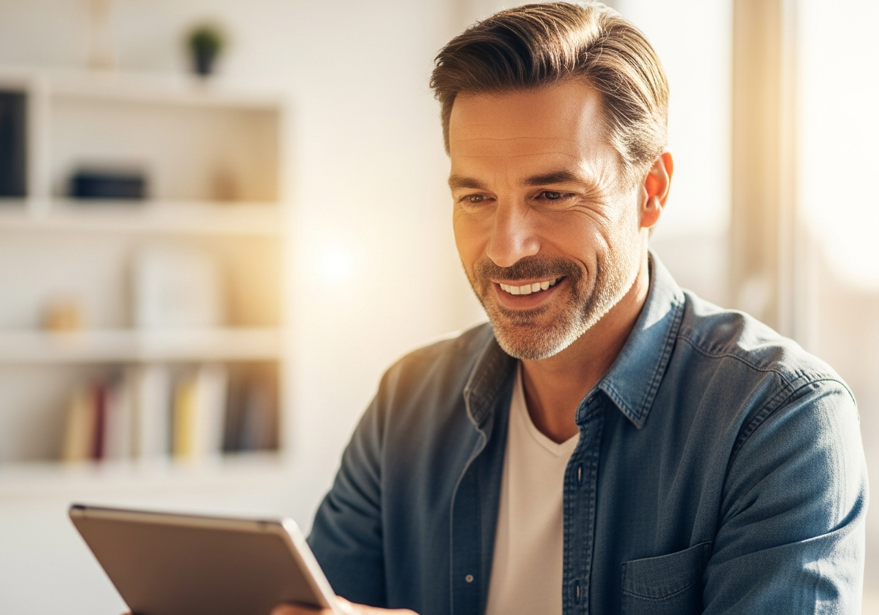 Landlord relaxed at home reviewing their portfolio